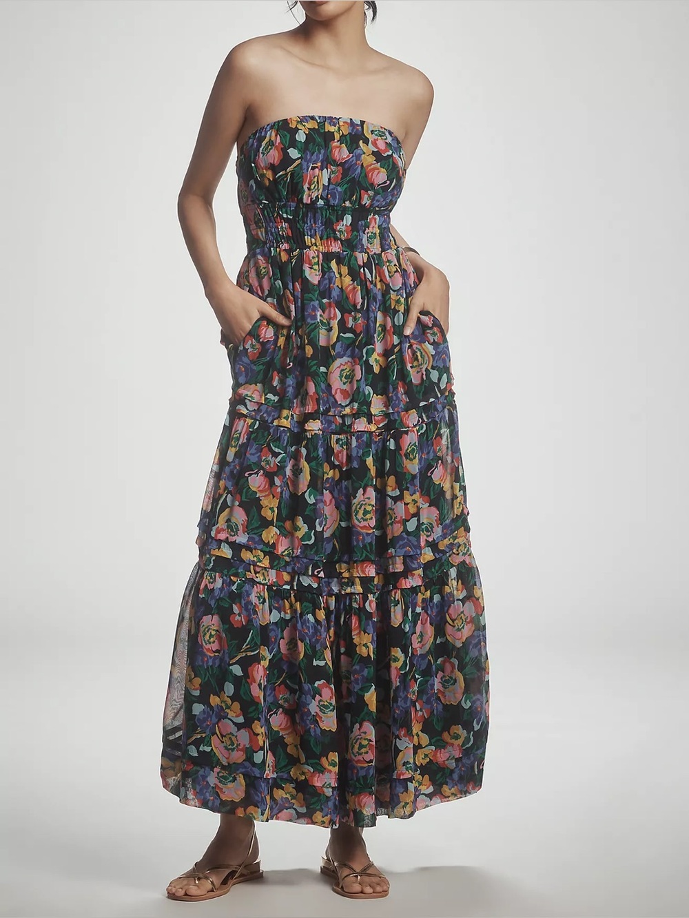 Anthropologie The Somerset Strapless Maxi Dress Bold Floral Blue Medium